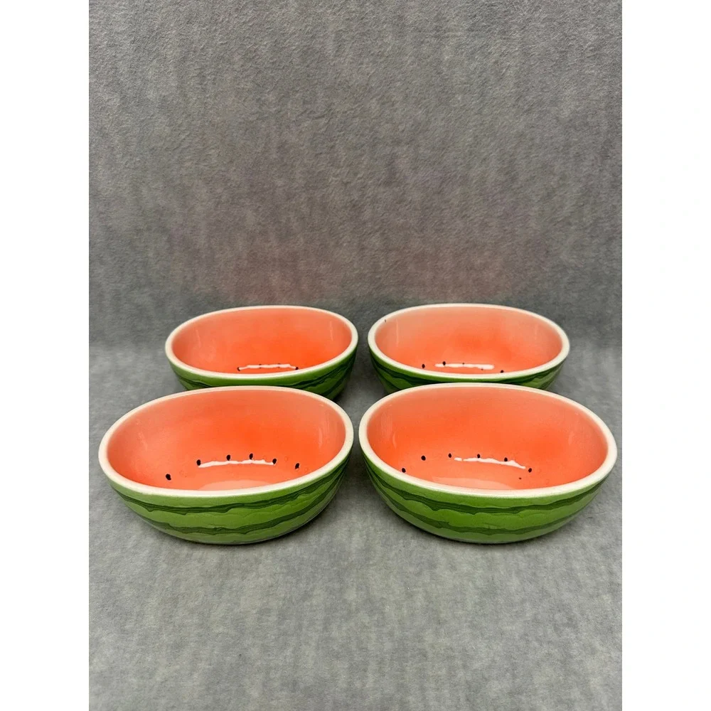 Vintage Watermelon Ceramic Bowls Green Pink Set of 4 Oval Fruit‎ Design Japan